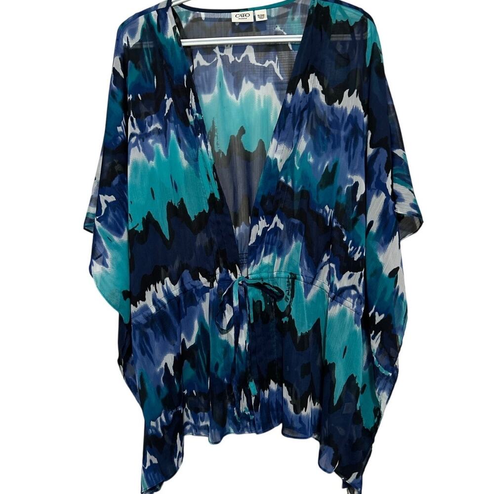 Cato Women's Black Teal Blue Sheer Tie Waist Blouse/Cover Up Size 18/20W